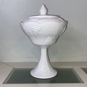 Westmoreland Milk Glass Paneled Harvest Grape Tall Pedestal Lidded Dish 10”